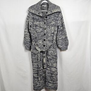 Frame Belted Melange Wool Blend Belted Cardigan in Navy and Light Gray Size S
